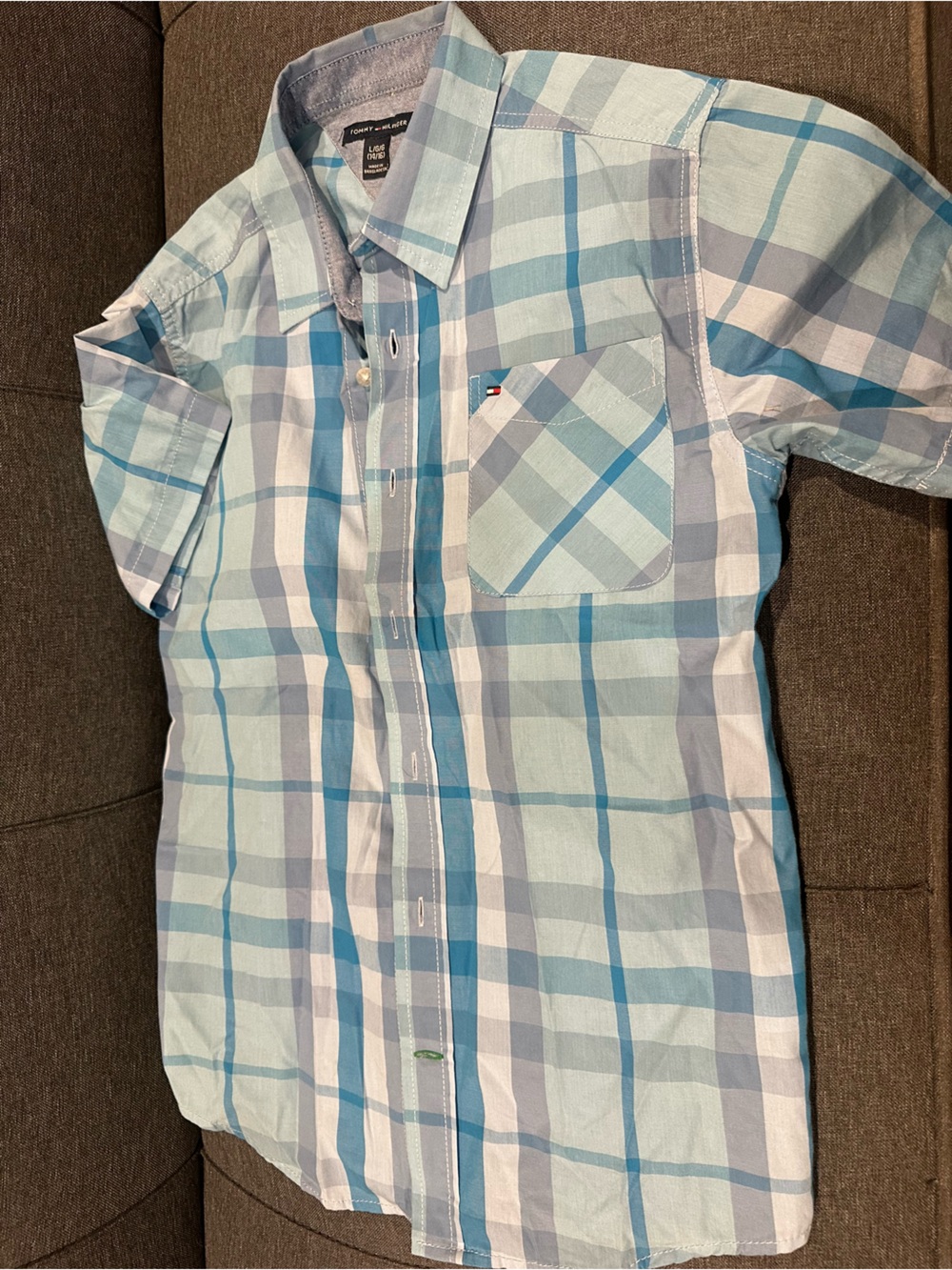 Tommy Hilfiger Light Blue and White Plaid Short-Sleeve Button-Down Shirt